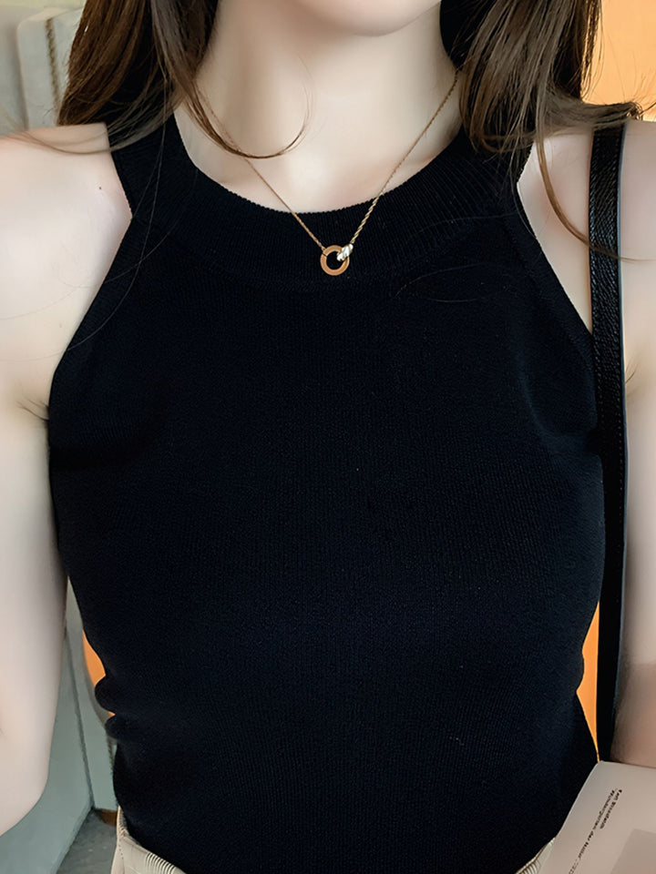 Ribbed knit sleeveless tank with high round neck