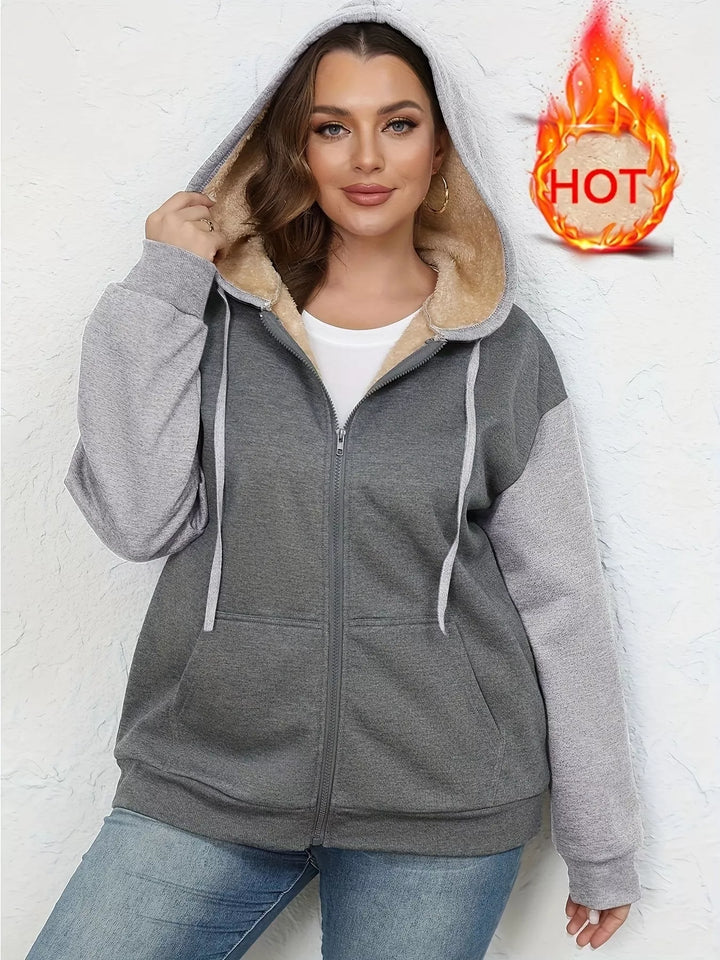 Sherpa-lined zip-up hoodie with colorblock sleeves