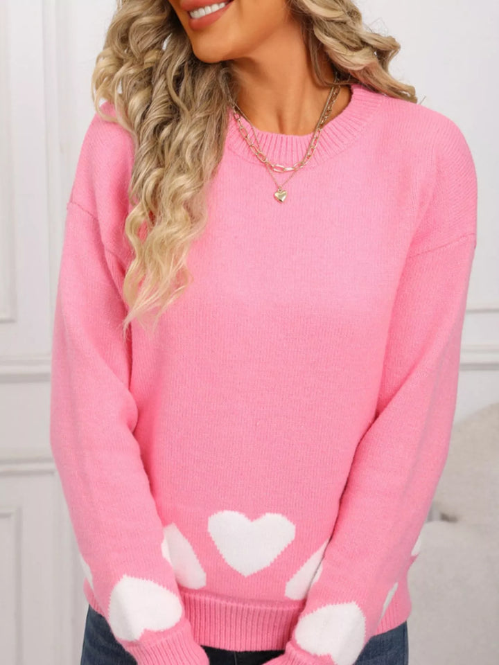 Heart pattern crew neck knit pullover sweater