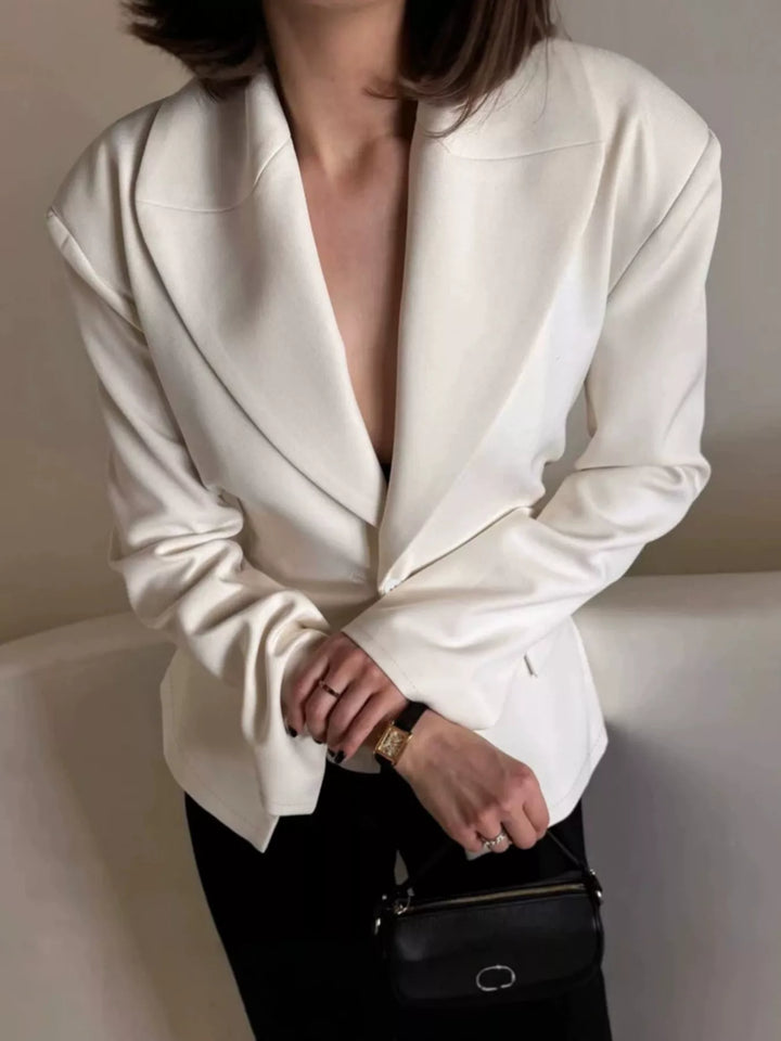 White Padded shoulder one-button blazer with notch lapels
