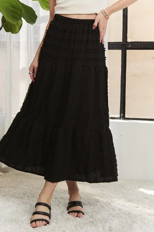 Tiered midi skirt with shirred elastic waistband