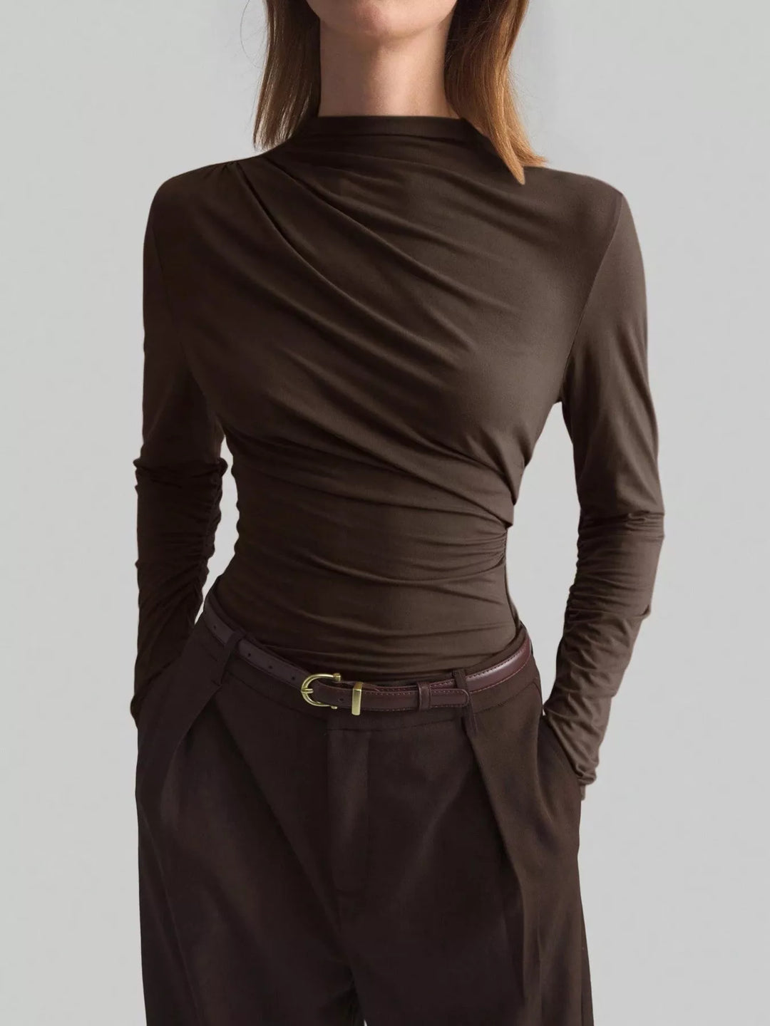Ruched drape-front high-neck long sleeve top