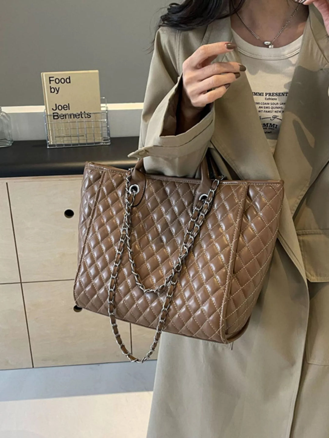 Brown Diamond quilted faux leather tote bag with chain straps