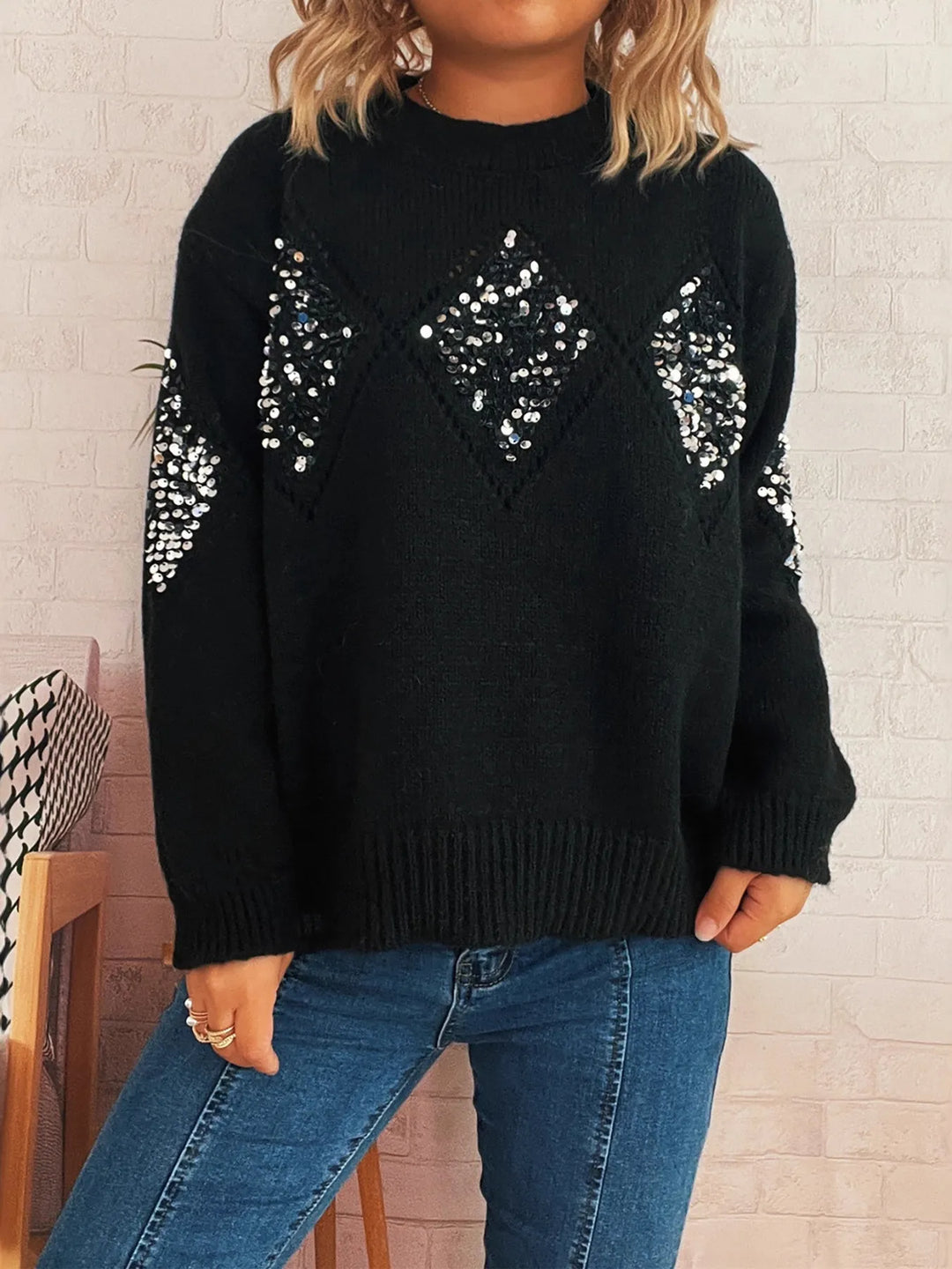Sequined diamond pointelle knit oversized sweater