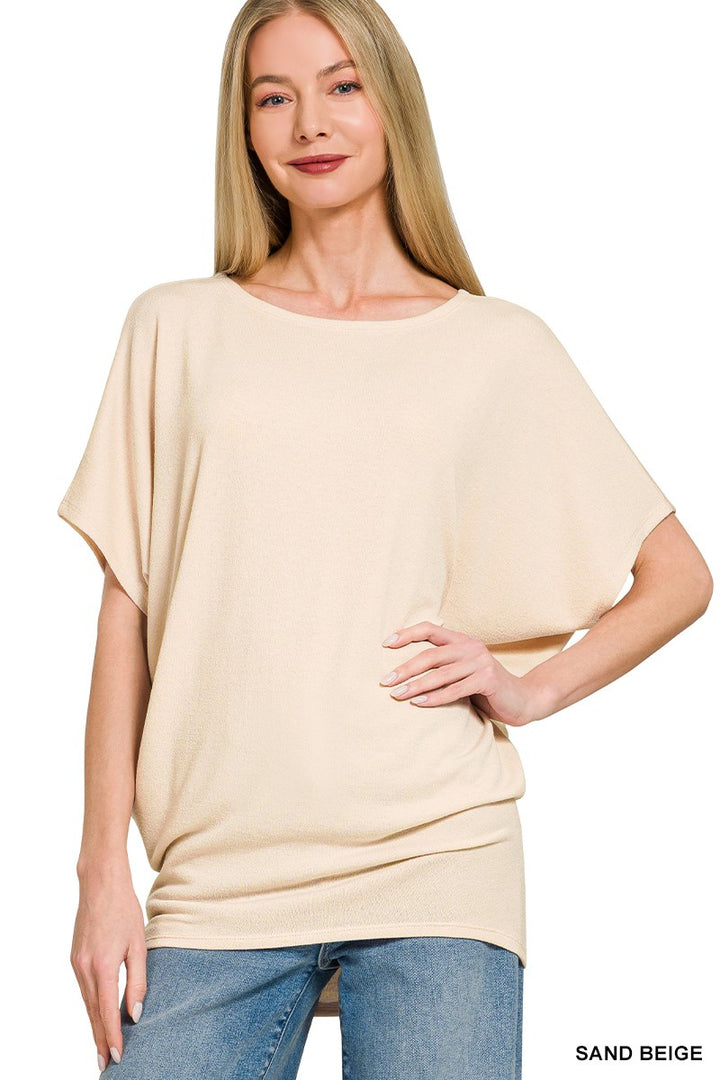 SAND BEIGE Dolman sleeve boat neck hacci knit relaxed top