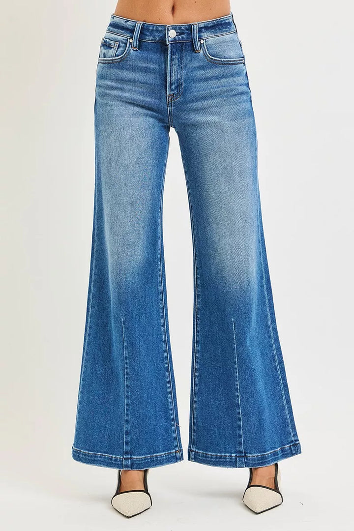 Mid-rise wide-leg flare jeans with center seam