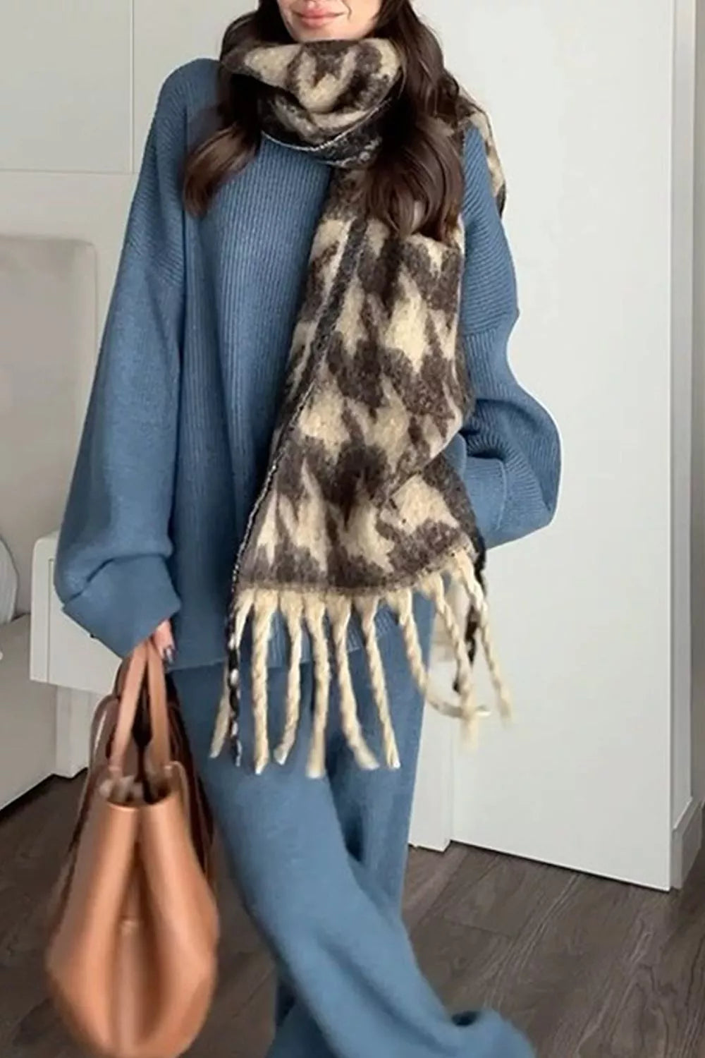 Ribbed knit dropped shoulder sweater and wide leg pants set