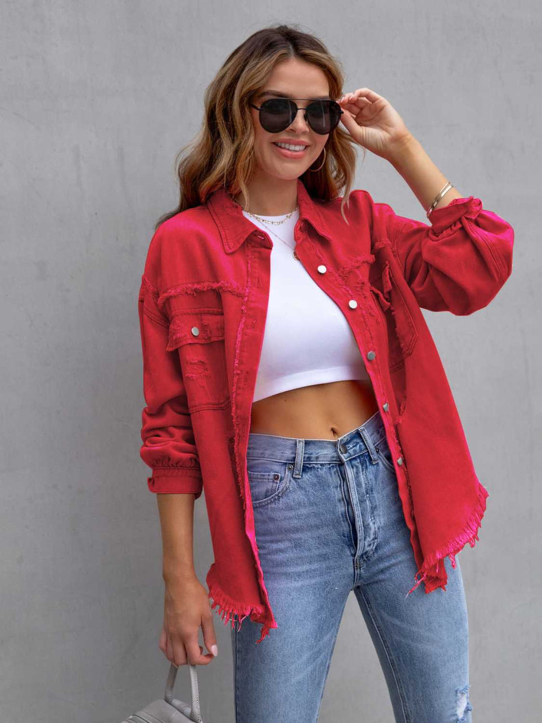 Deep Red Distressed drop shoulder denim jacket with fringe hem