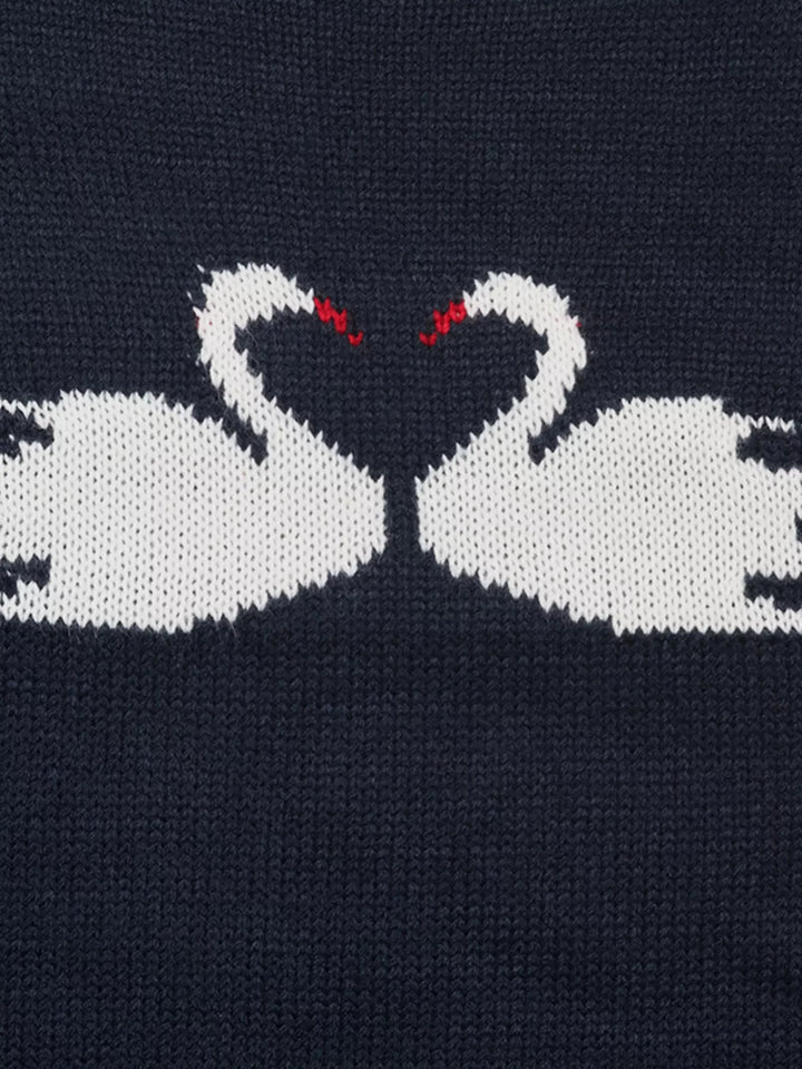 Swan intarsia drop-shoulder knit sweater with contrast trim