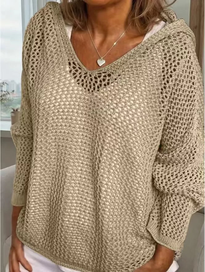 Khaki Openwork knit hooded pullover cover-up with V-neck