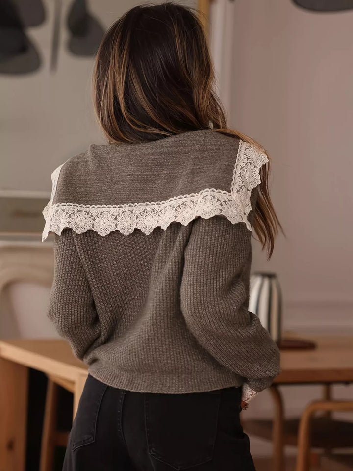Lace trim collar ribbed knit button-up cardigan