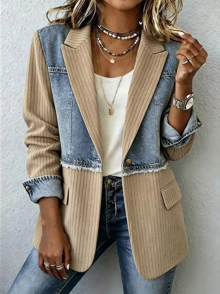 Tan Denim patchwork ribbed blazer with raw hem and notch lapels