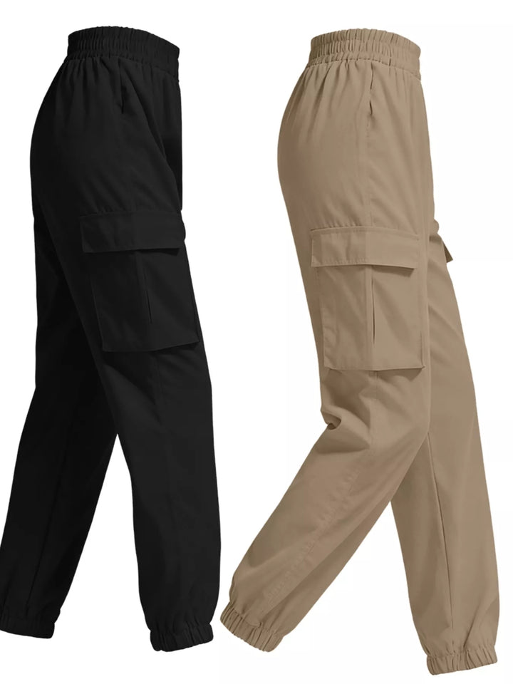 Elastic waist cargo jogger pants with flap pockets, 2-piece set