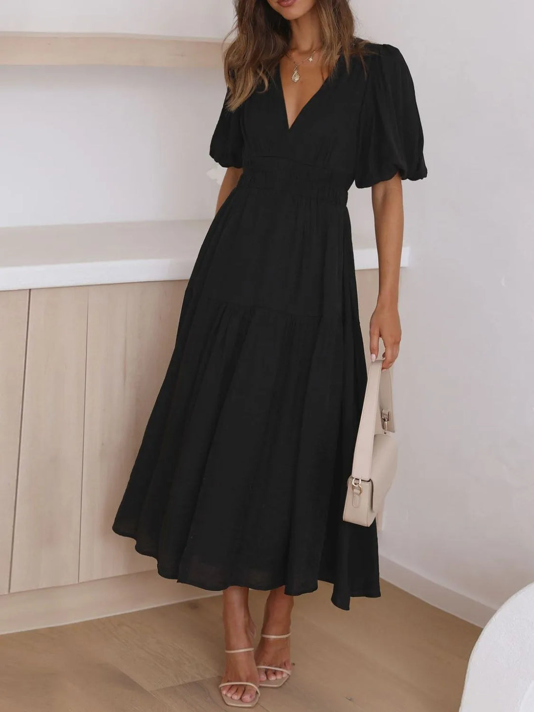 Black Ruched waist puff sleeve v-neck tiered midi dress