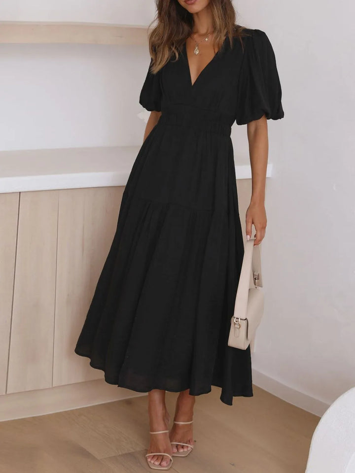 Black Ruched waist puff sleeve v-neck tiered midi dress