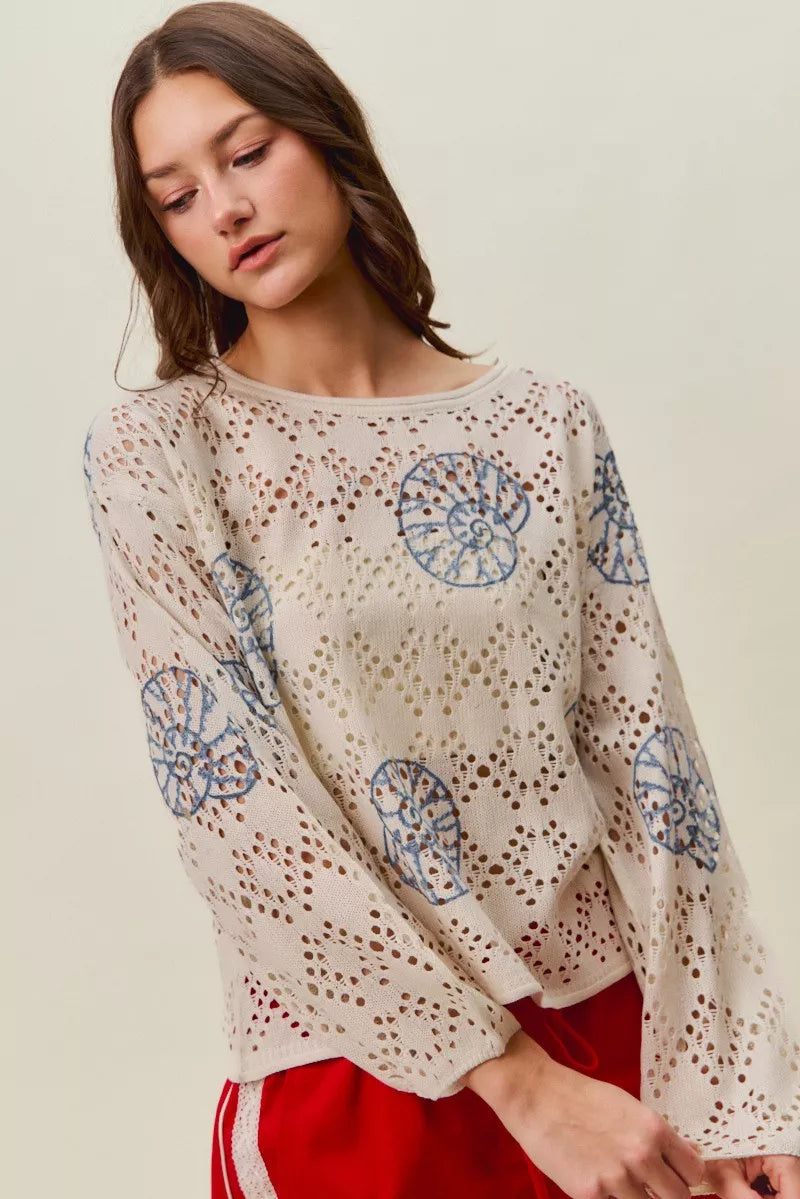 Seashell motif openwork knit long sleeve top