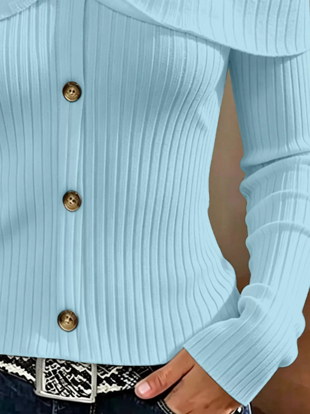 Cold shoulder ribbed knit top with foldover collar and buttons