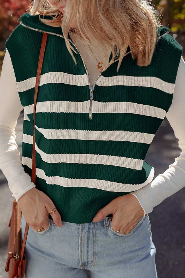 Stripe Ribbed knit half-zip collared sweater vest