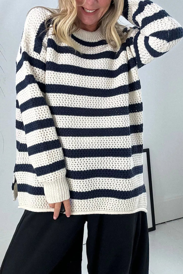 Sapphire Blue Striped waffle knit dropped shoulder sweater