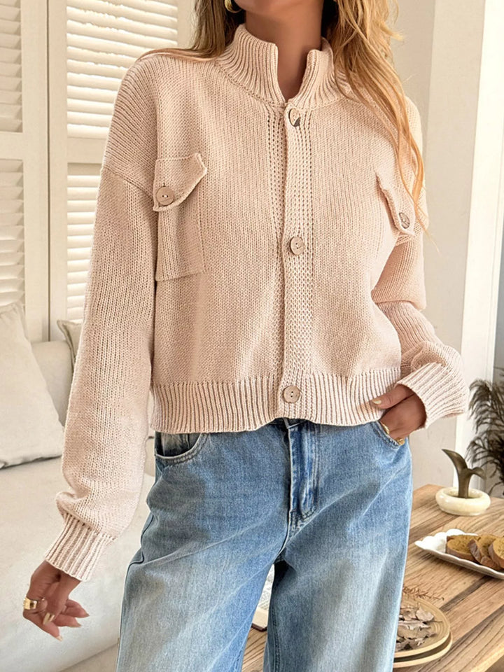 Apricot Chunky knit button-front cardigan with chest flap pocket