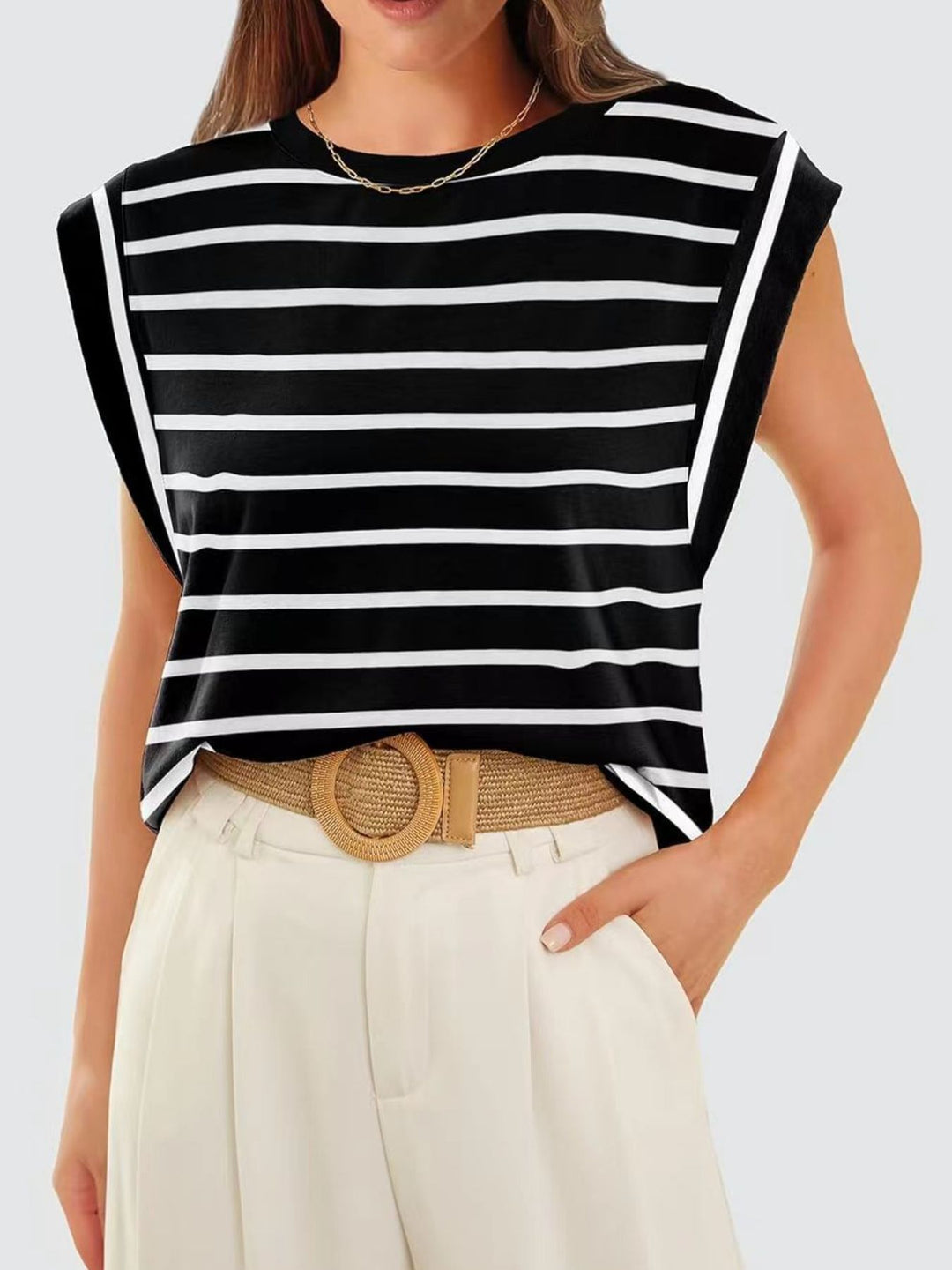 Striped cap-sleeve crew neck muscle tank top