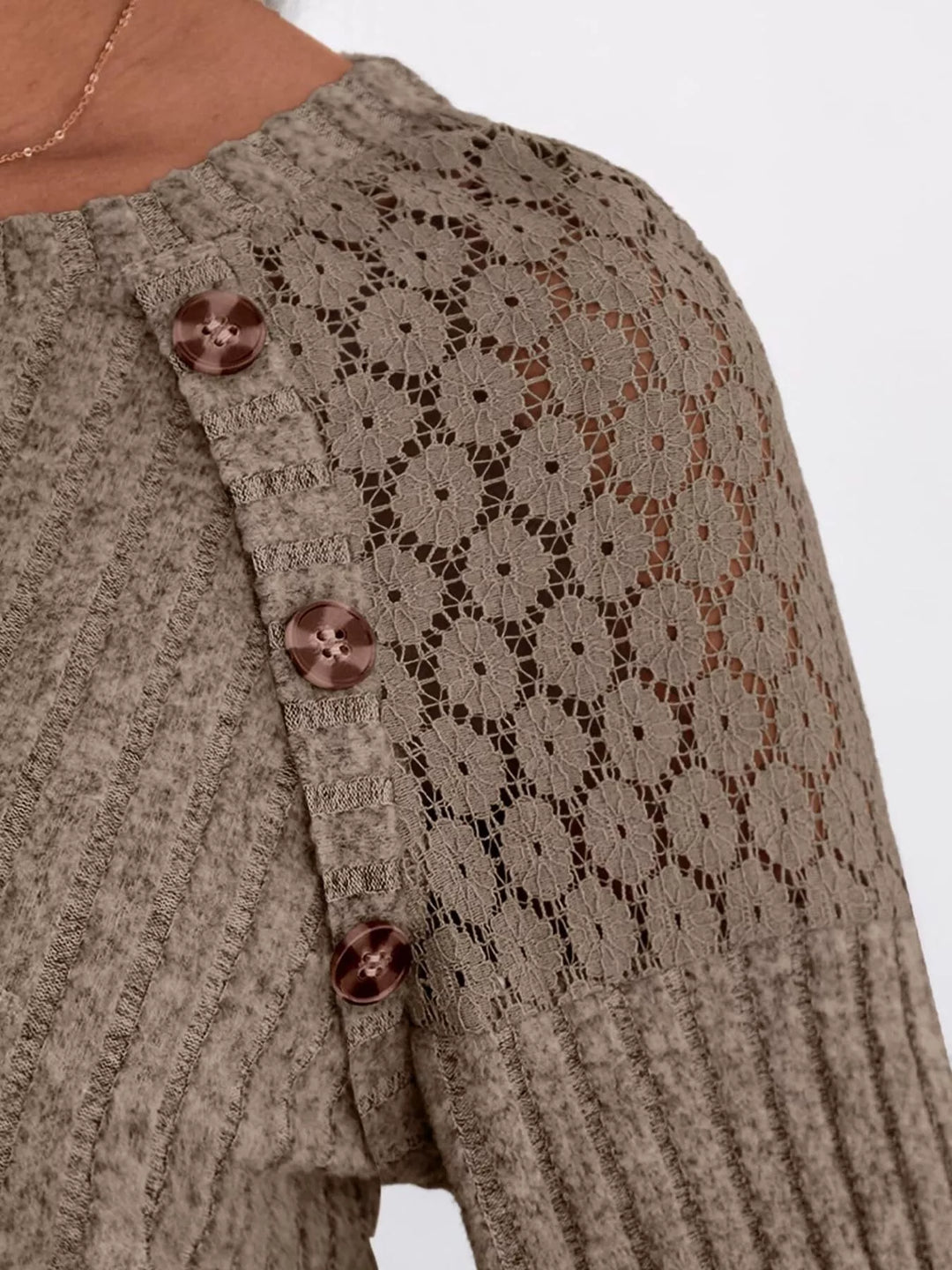 Ribbed knit long sleeve top with lace shoulder detail
