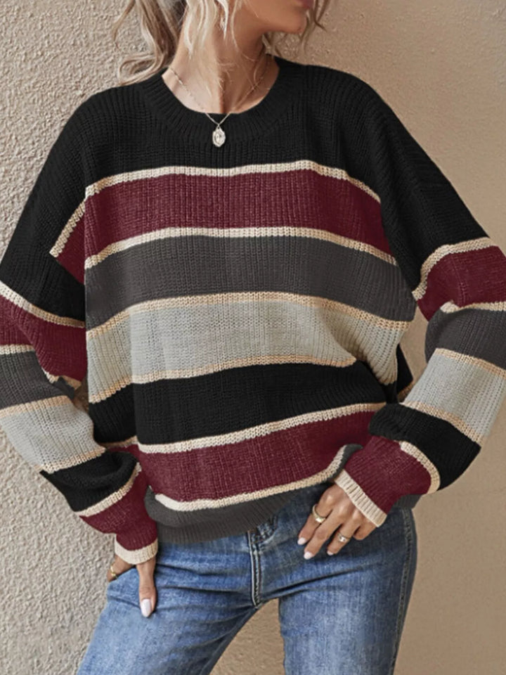 Black Color block striped crew neck knit sweater