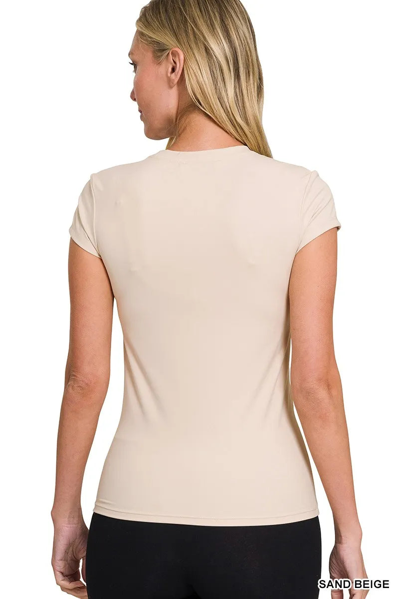 Fitted interlock knit crew neck short sleeve top