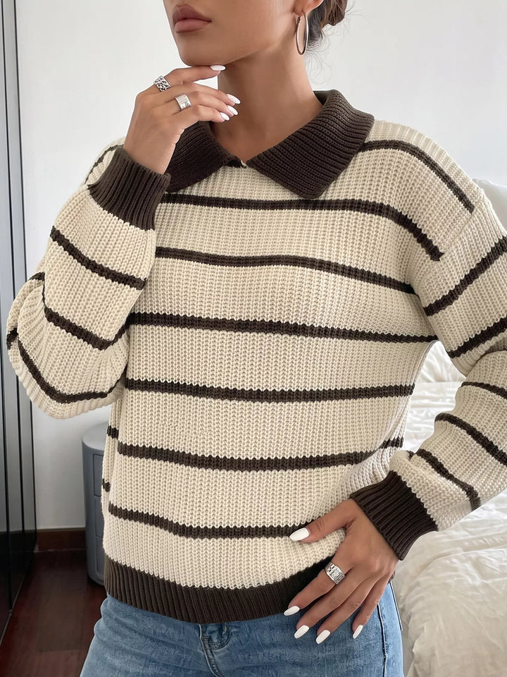 Striped waffle knit polo sweater with contrast collar