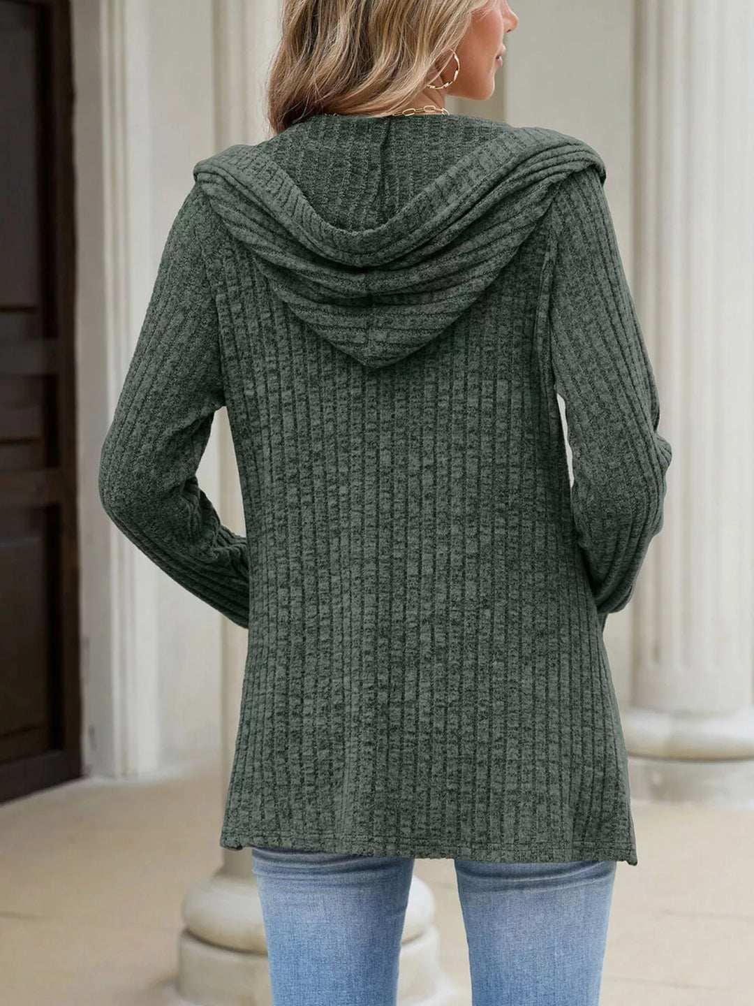 Ribbed knit hooded cardigan with tortoise buttons