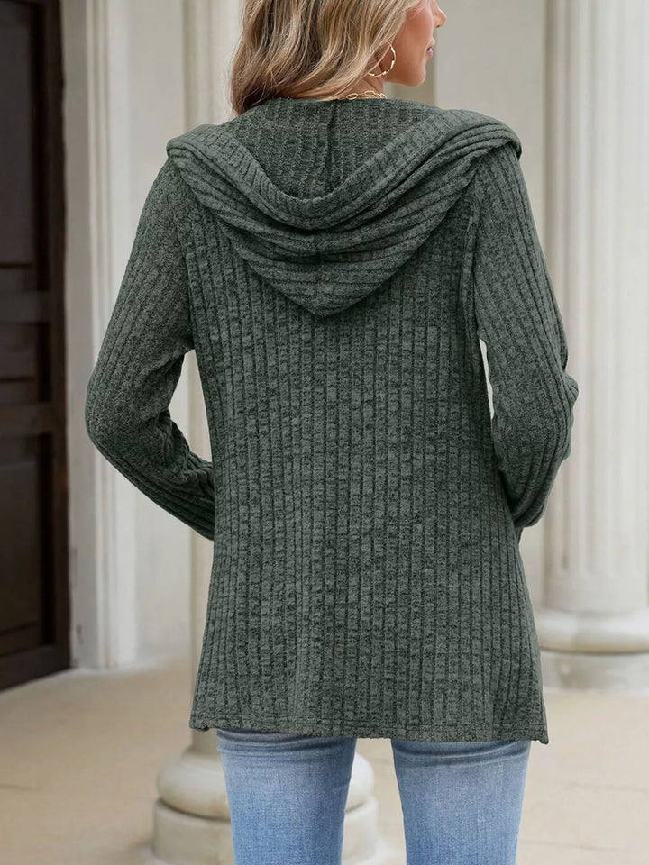 Ribbed knit hooded cardigan with tortoise buttons