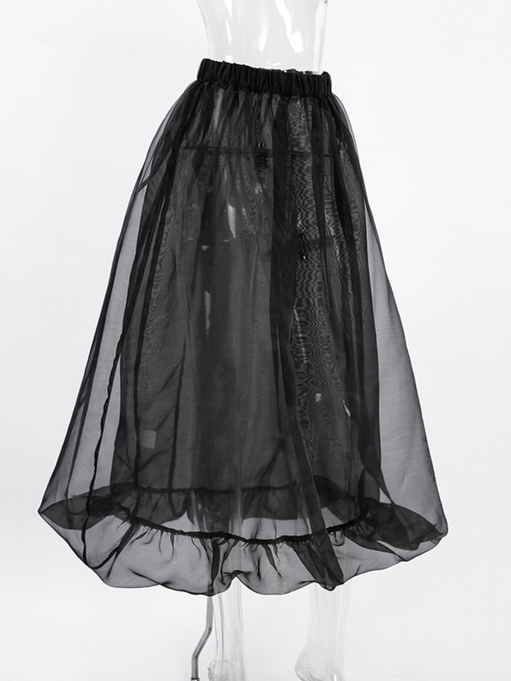 Semi-sheer flowy midi skirt with gathered elastic waist