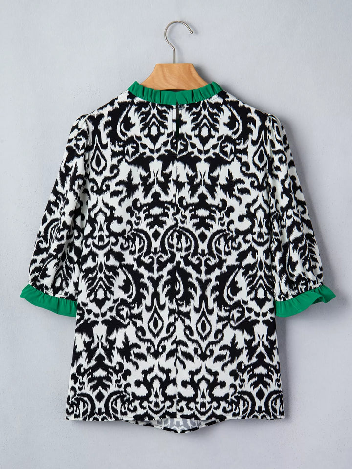 Ruffle contrast trim damask print puff sleeve blouse