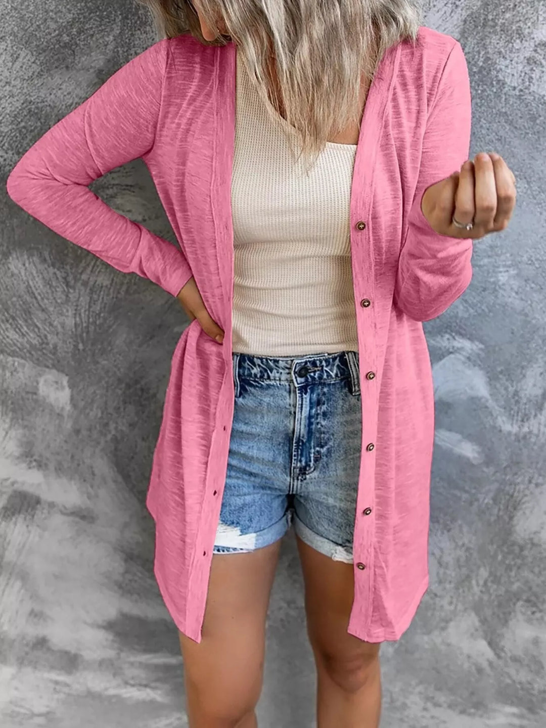 Pink Lightweight button-front longline open knit cardigan