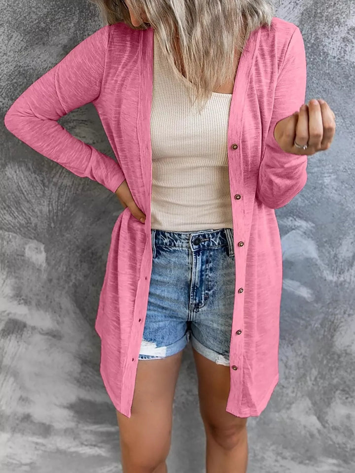 Pink Lightweight button-front longline open knit cardigan