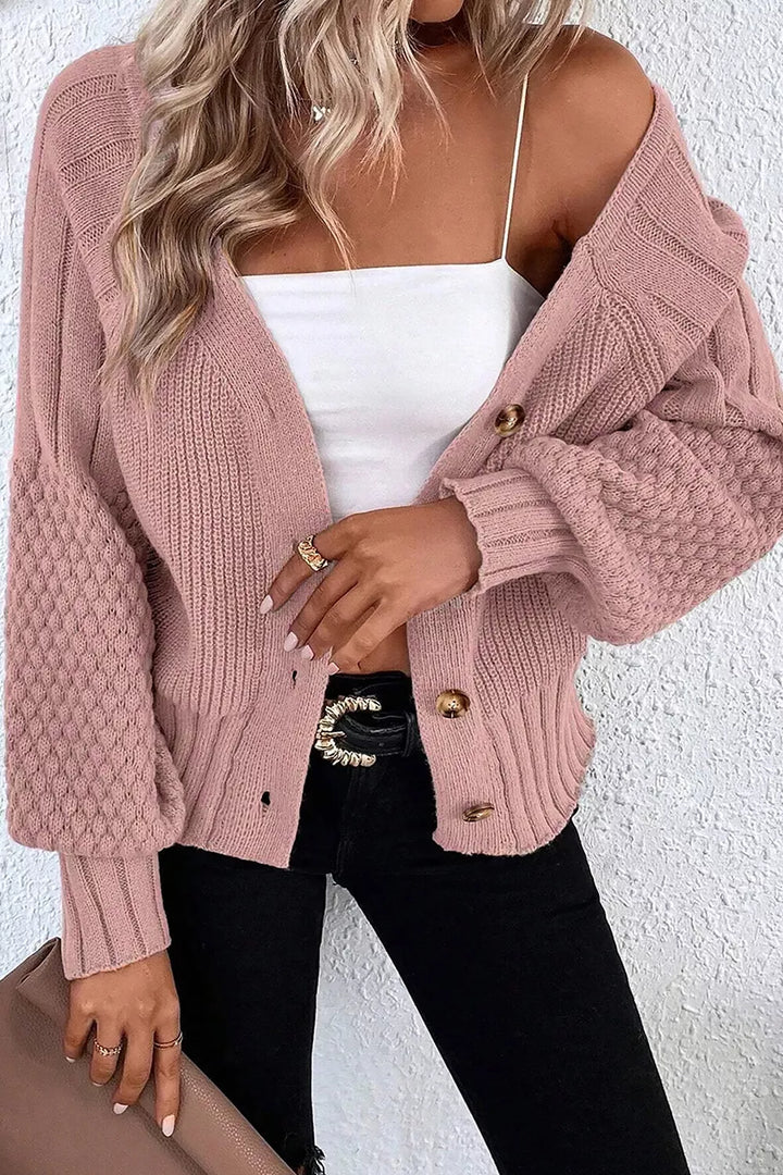 Textured knit button-front cardigan with drop shoulders