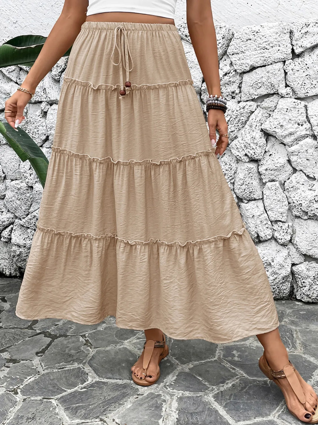 Tiered ruffle maxi skirt with drawstring tie waist
