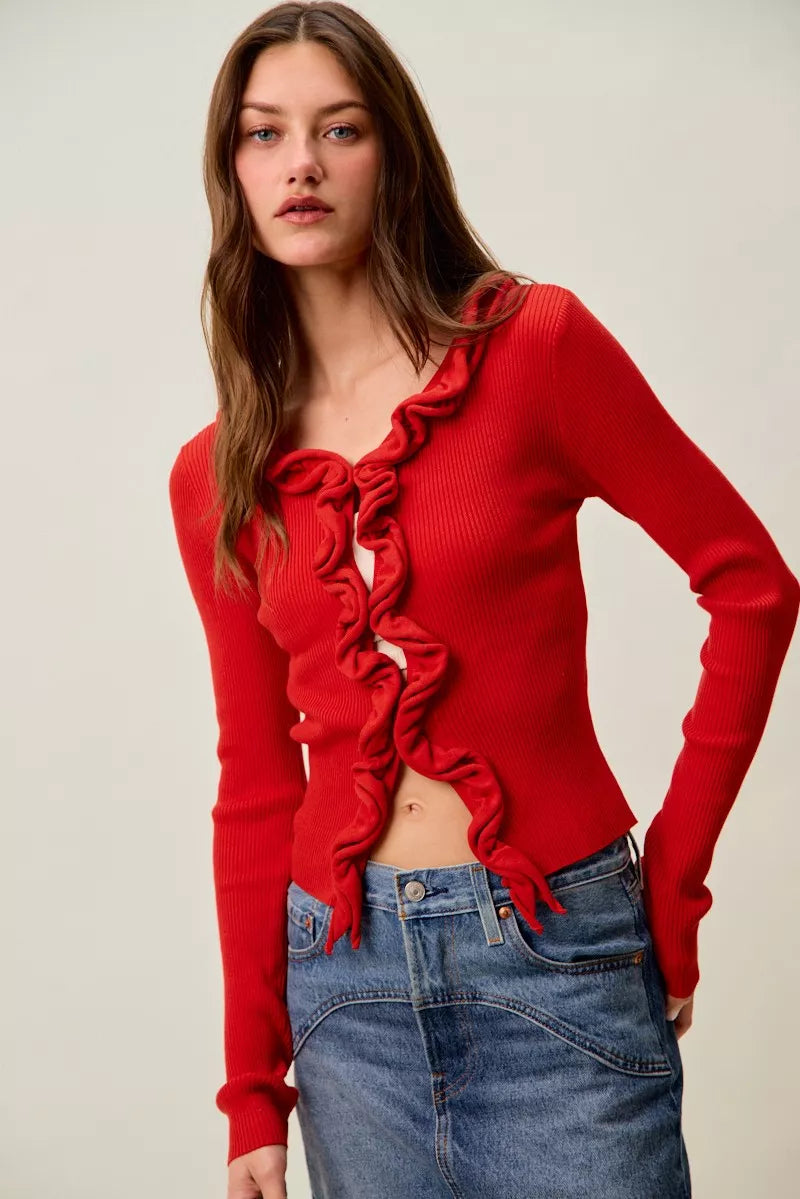 Ribbed knit cardigan with cascade ruffle trim