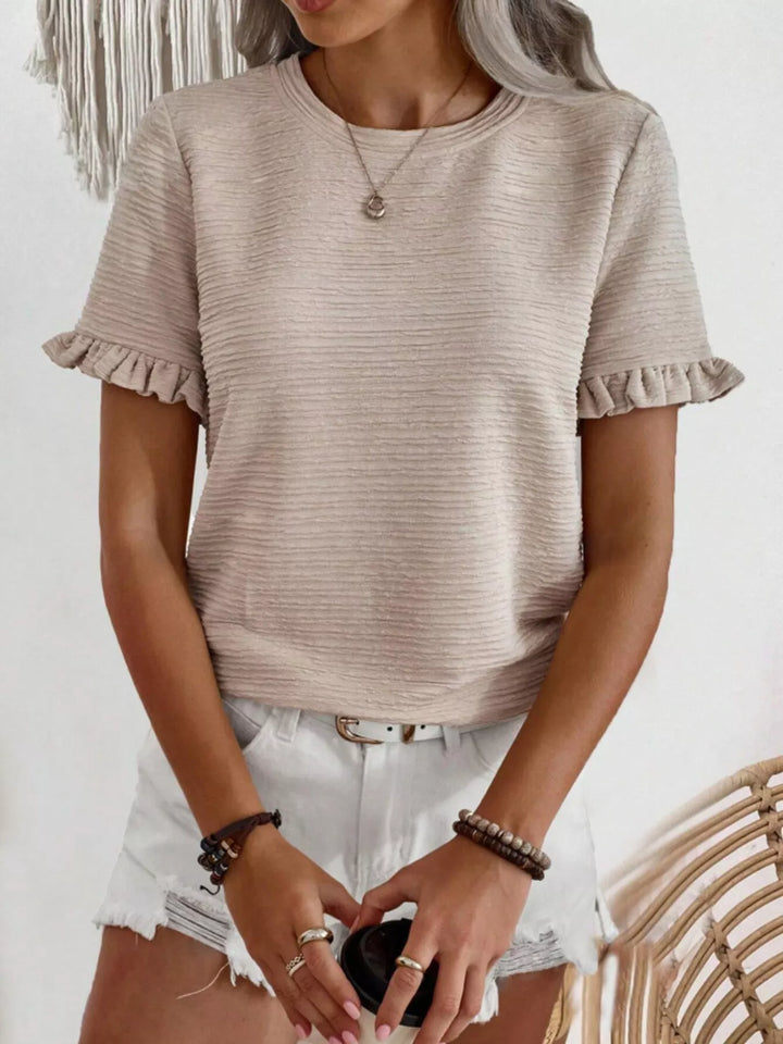 Khaki Ruffle-cuff crew neck top with crinkle texture