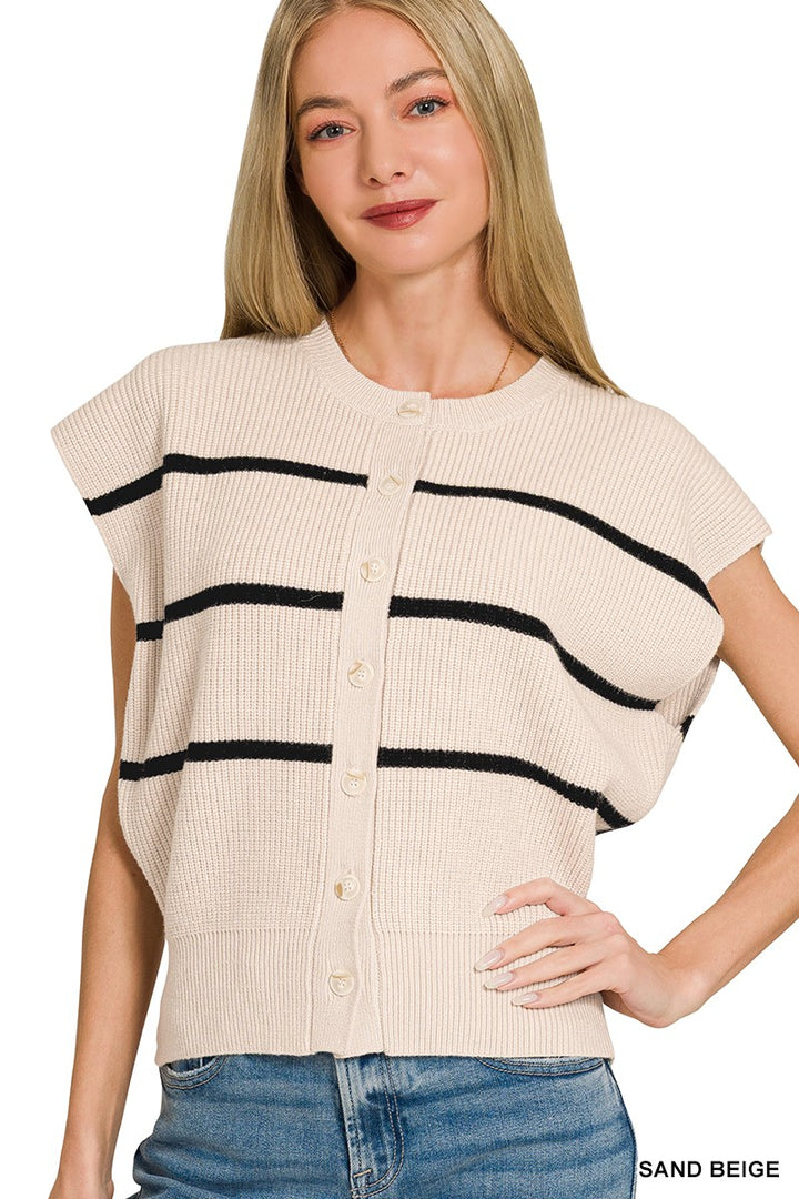 SAND BEIGE Striped ribbed knit sweater vest with button-down front