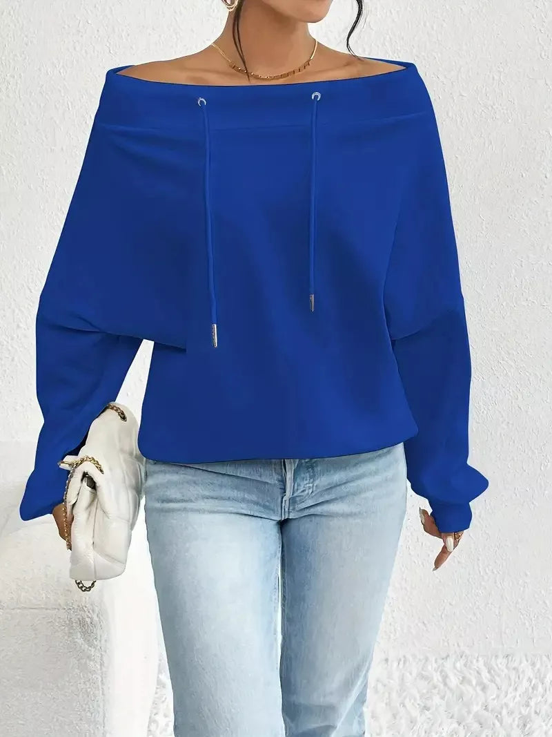 Off-shoulder drawstring sweatshirt with ribbed cuffs