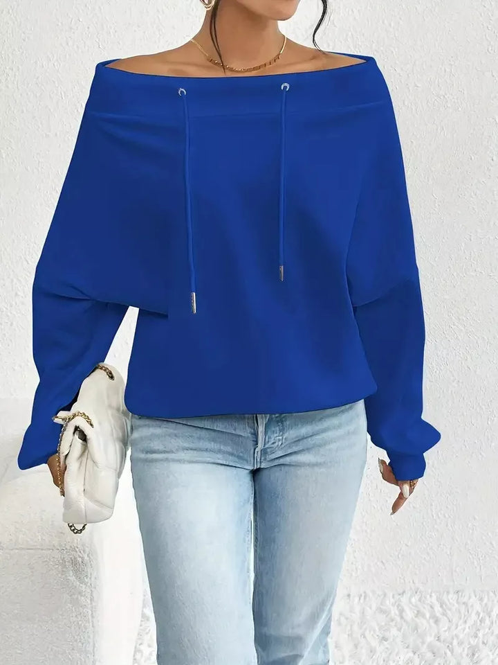 Off-shoulder drawstring sweatshirt with ribbed cuffs