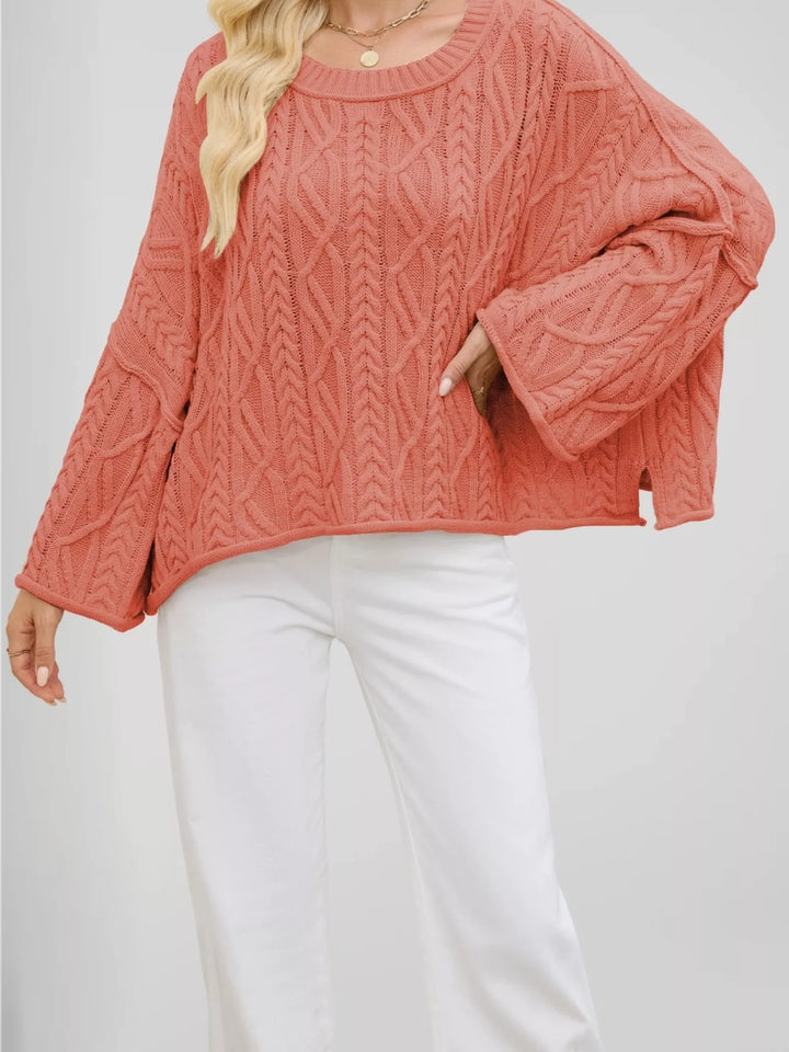 Watermelon Red Cable knit drop shoulder oversized sweater with bell sleeves