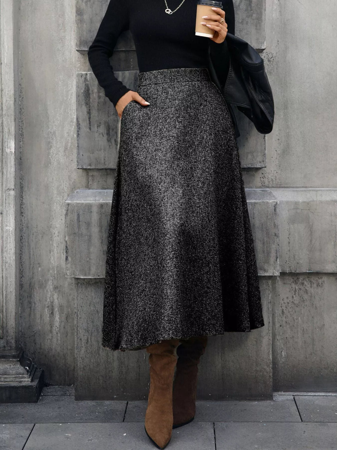 High-waist A-line midi skirt with side pockets