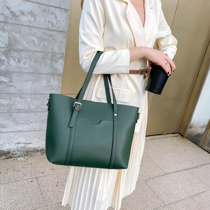Faux leather tote bag with buckle strap and crossbody strap