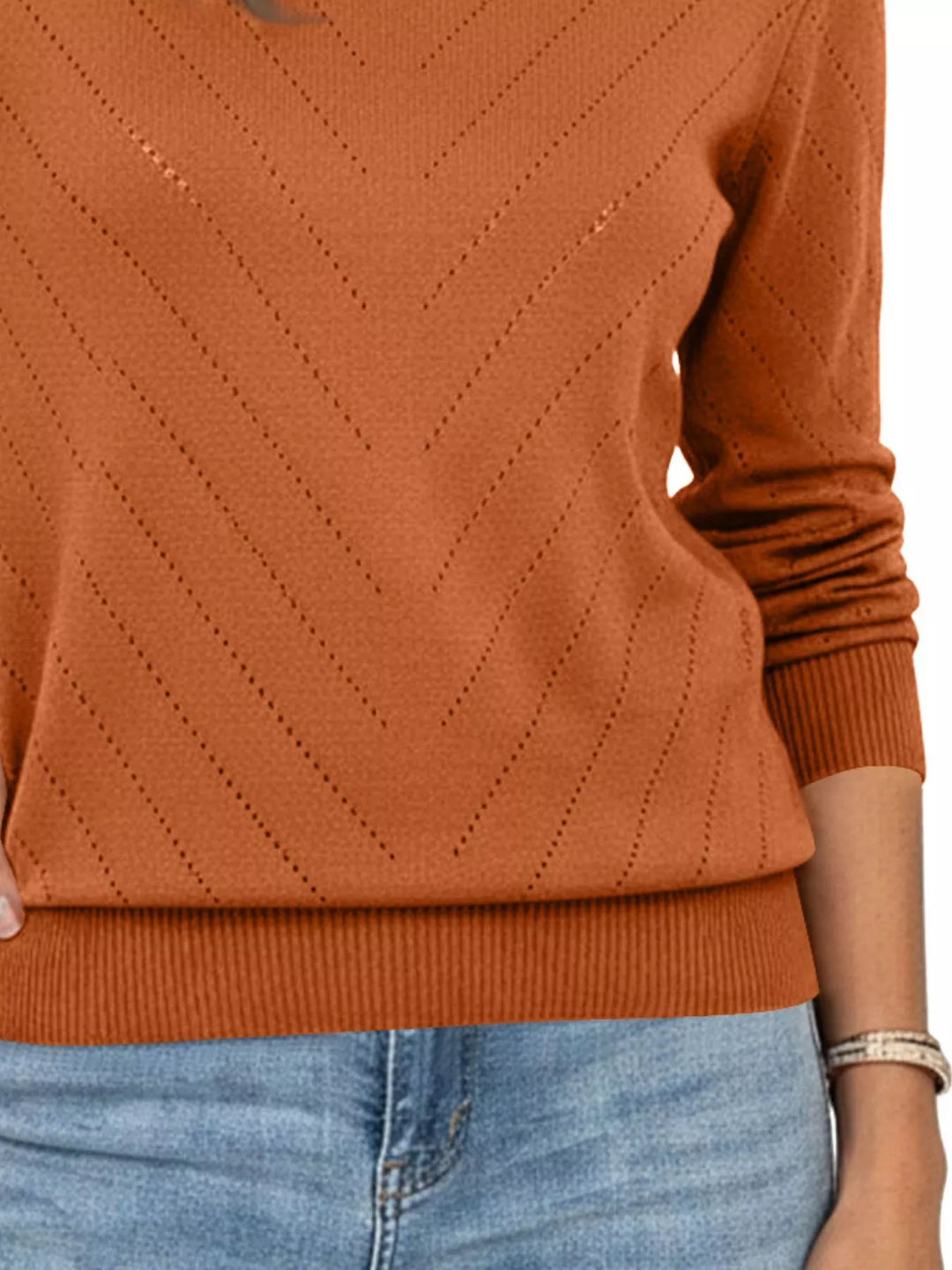 Openwork chevron knit crew neck pullover sweater
