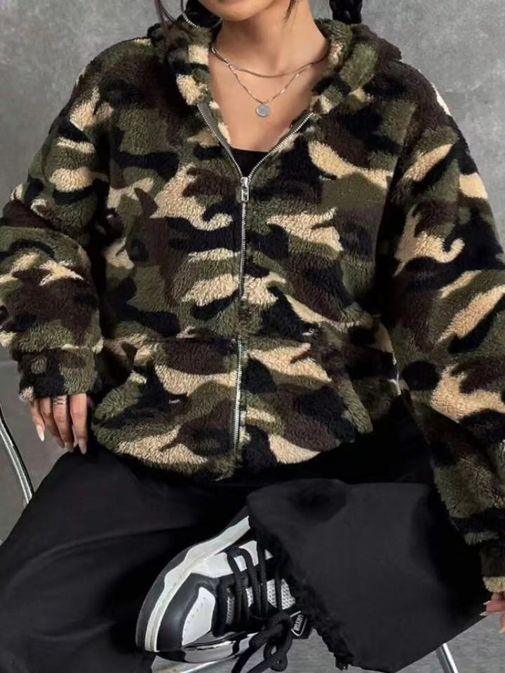 Cropped fuzzy camo zip-up fleece hoodie jacket