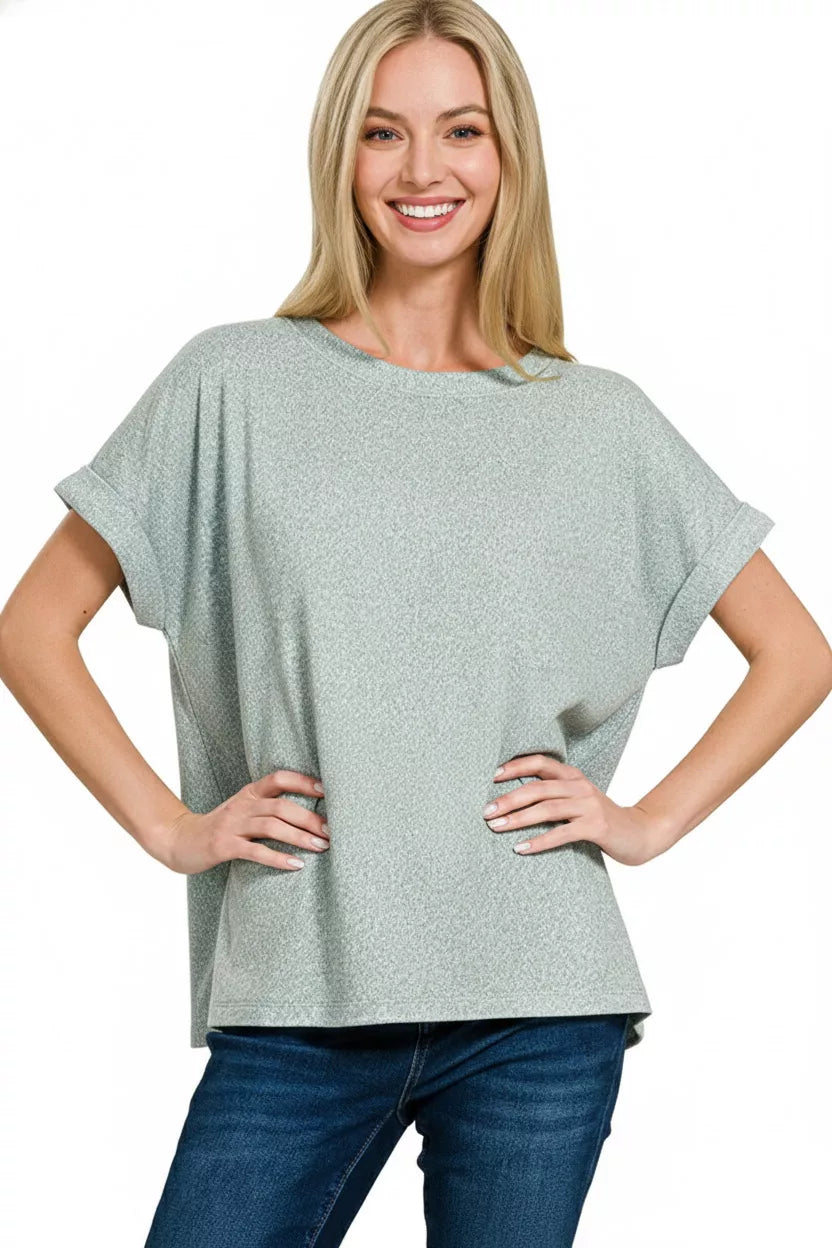 Melange hacci knit boxy short sleeve round neck top