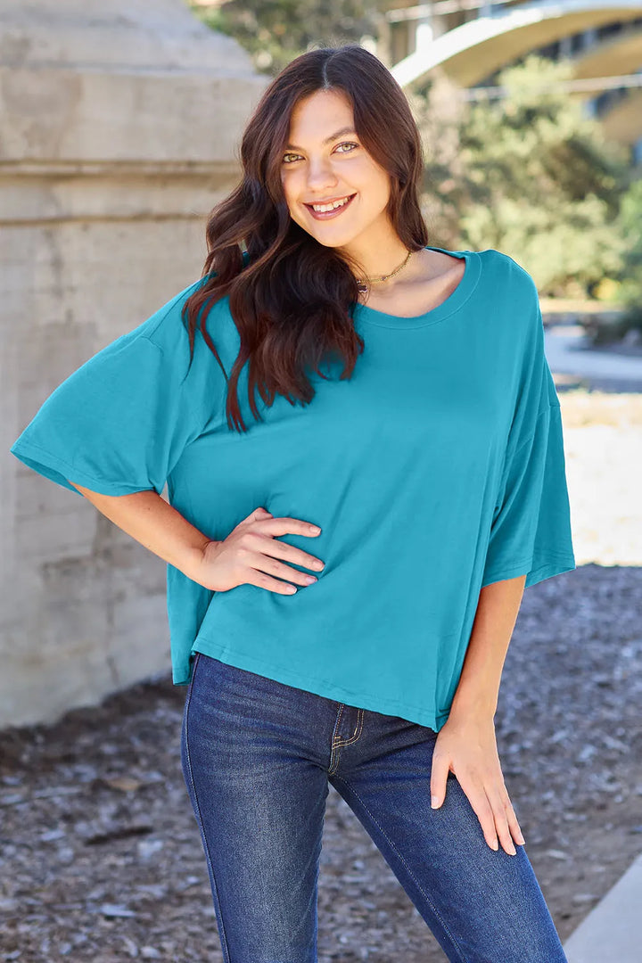 Sky Blue Drop-shoulder boxy round neck short sleeve tee