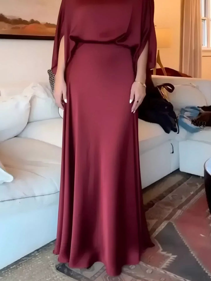 Satin batwing sleeve maxi dress with ruched bodice